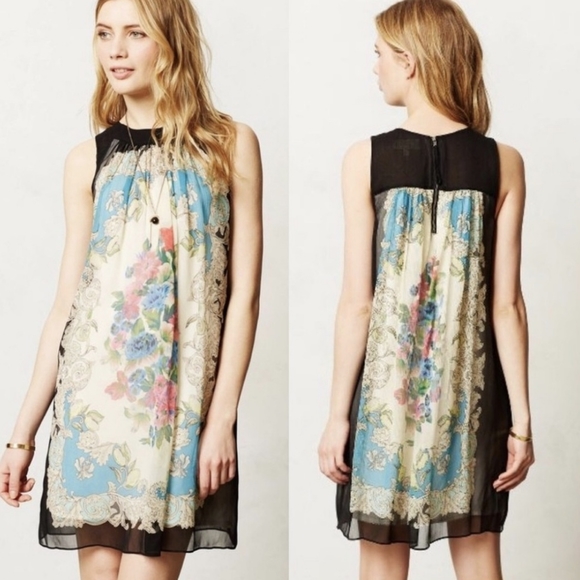 Anthropologie Moulinette Soeurs Silk Trapeze Swing Dress Womens 2 Floral Black - Picture 2 of 16